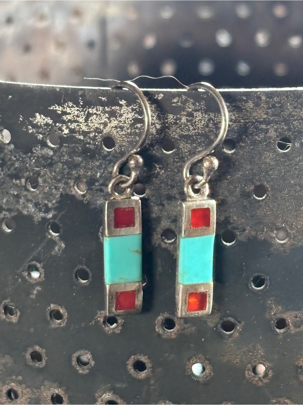 Sterling Silver Genuine Turquoise and Red Stone Inlay Dangle Earrings